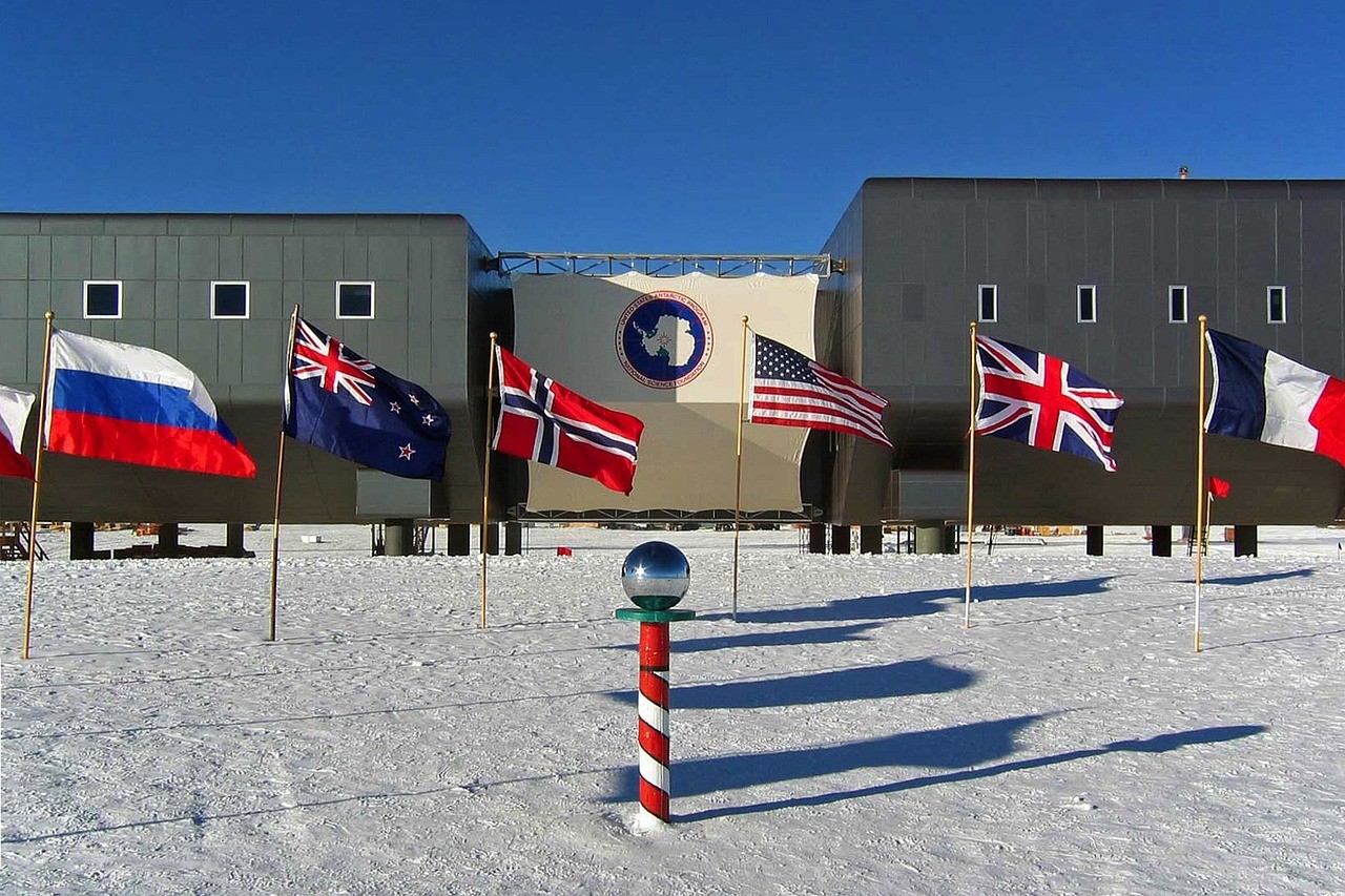 Showing flags of all nations involved with the Antarctic Treaty
