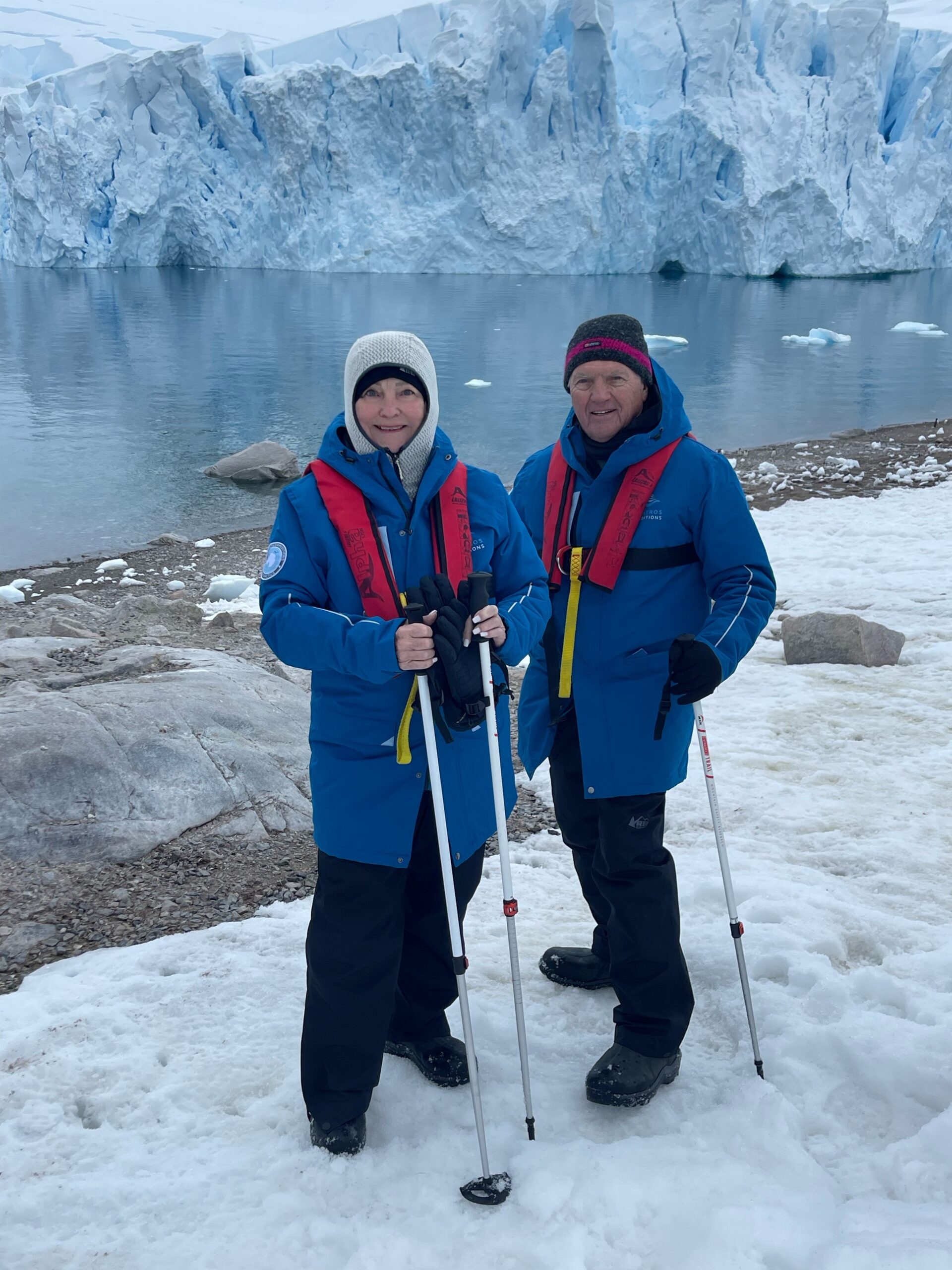 Susan and David Badger at Zodiac landing in Antarctica