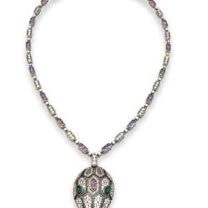 Anaisa Serpent Necklace in Gunmetal with Emerald and Cubic Zirconia