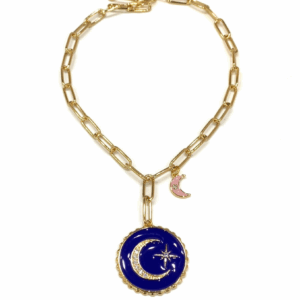 Phoebe Medallion Necklace in Gold with Blue Enamel and Cubic Zirconia