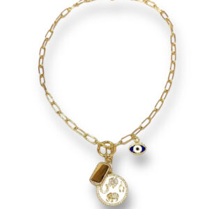 Tyche Charm Necklace in Gold with White Enamel and Cubic Zirconia