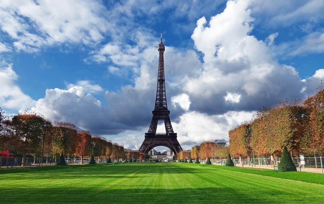 Eiffel tower in paris with green grass in front
